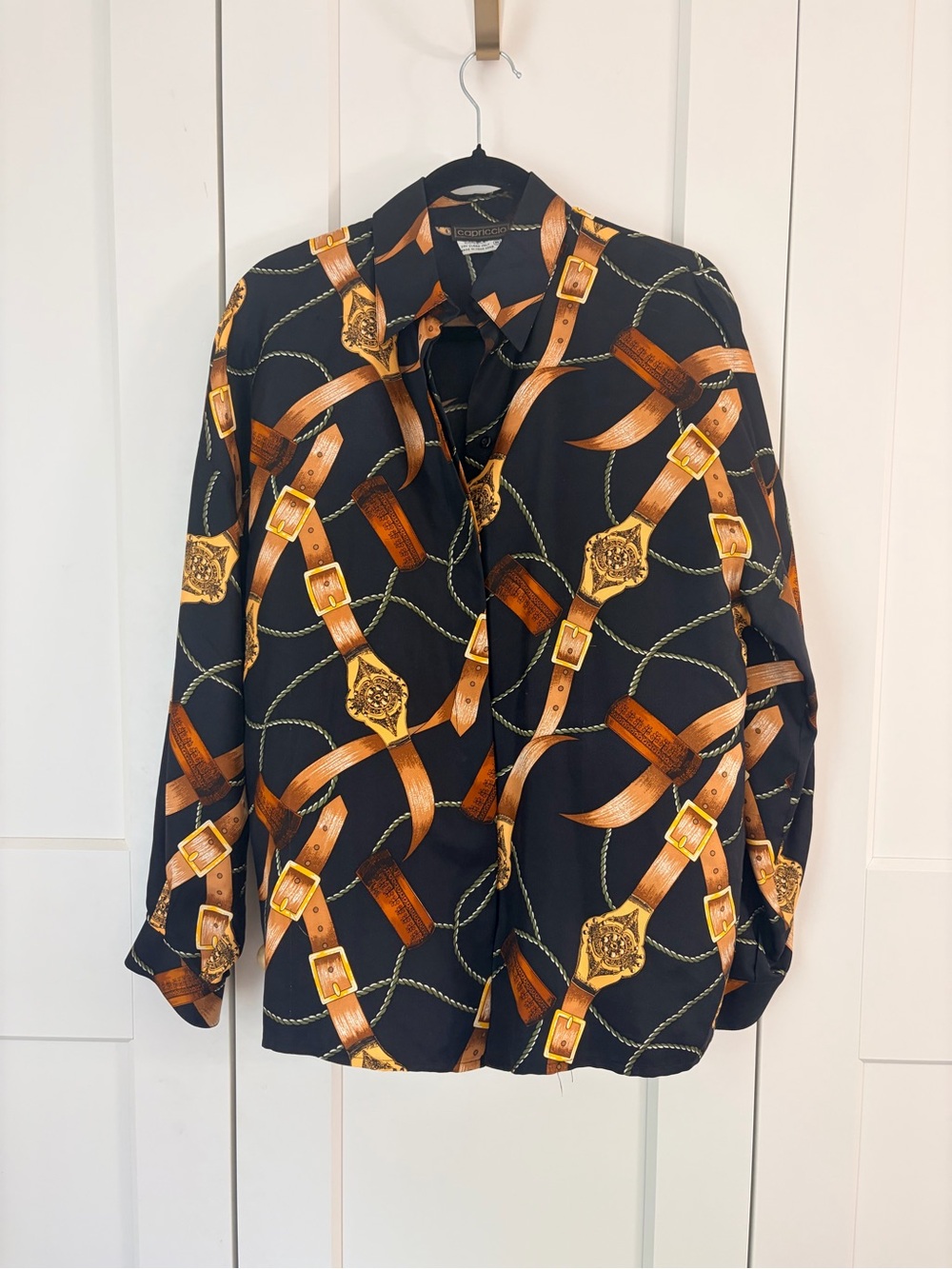 Vintage Capriccio Silk Black Button-Down Shirt with Belt Print | 8